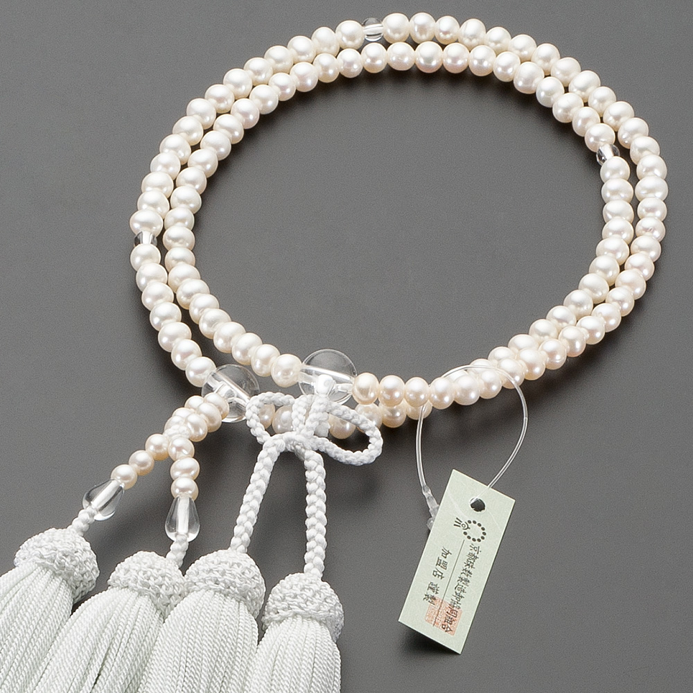 浄土真宗用本式数珠【女性用】 淡水パール(白) 本水晶仕立 8寸 | 滝田商店