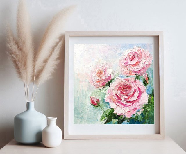 10%OFF】ロシア ピンクのバラの花束オリジナル油絵花の壁アート手工