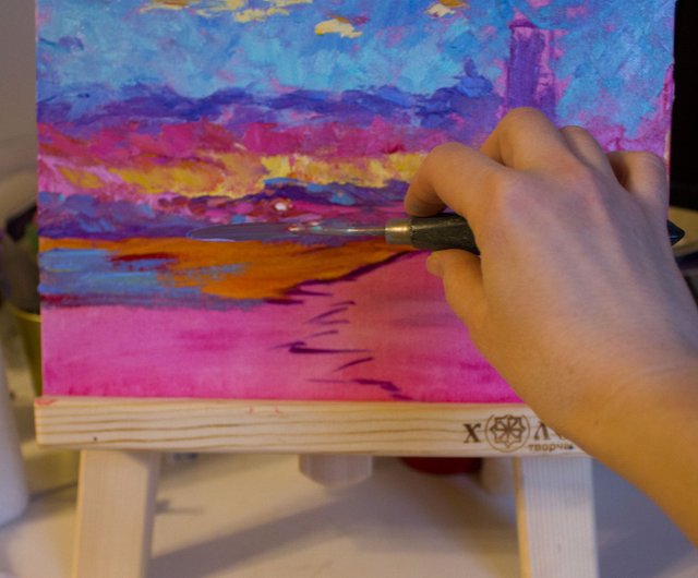 送料無料】ロシア 灯台オリジナルアート海景油絵カラフルなアート