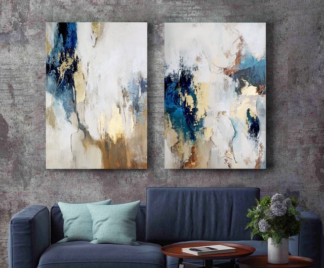 送料無料 30%OFF】ウクライナ 青と金の抽象画 | 抽象画2枚セット