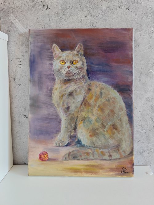 キャンバスに灰色の猫の油絵 - ショップ OksanaArt ウォールデコ・壁紙