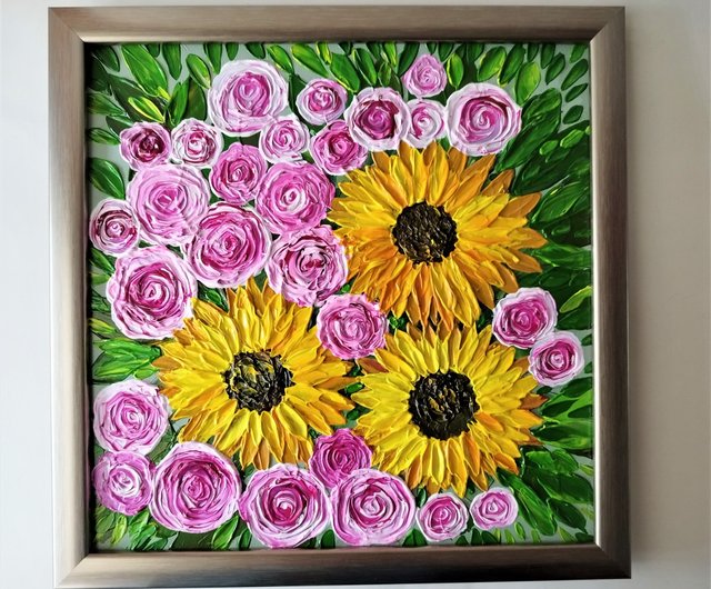 ロシア 手作りアクリルテクスチャー絵画ひまわりとバラの花束フラワー