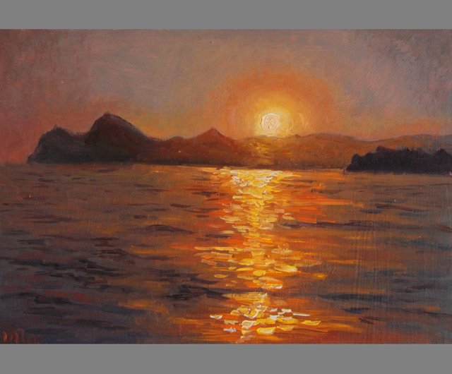 ロシア 夕焼けの風景画 オリジナル海ビーチアート 山のアートワーク
