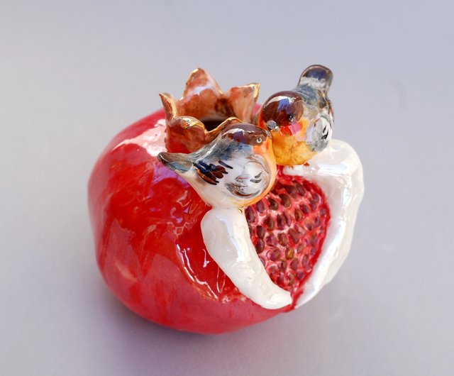 ロシア ザクロと鳥の置物小さな磁器の花瓶ラブバードセラミック