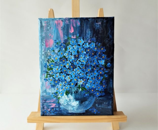 ロシア テクスチャードブーケアート：キャンバスに手作りの青い花の