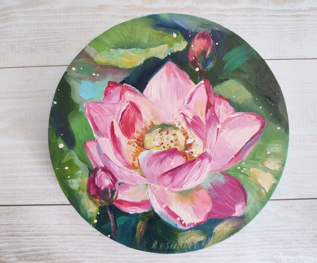 ロシア 蓮の油絵 蓮のオリジナルアート ピンクの花のアートワーク 仏教