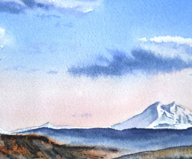 ロシア 元の水彩画マウント エルブルス絵画風景山風景アートワーク