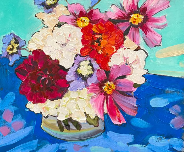 ロシア 花の花束の絵 オリジナルの油絵 静物画 フォービズム マティス