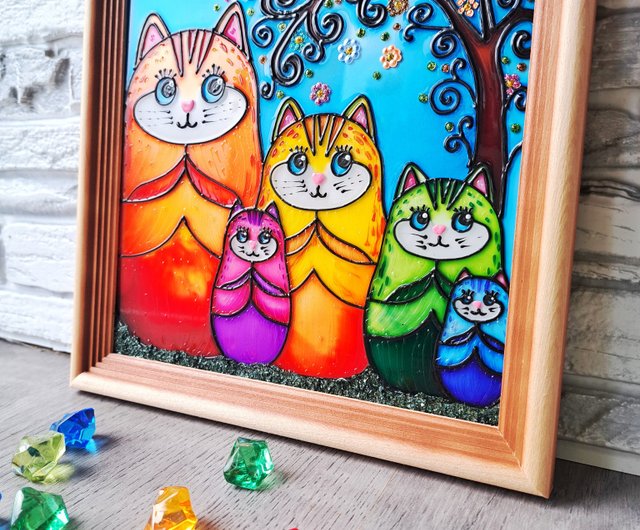 ベラルーシ 虹猫オリジナルステンドグラス絵画猫家族マトリョーシカ