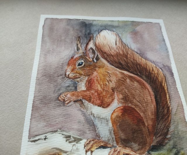 ロシア リスの絵オリジナル水彩アート鳥のアートワーク野生動物の