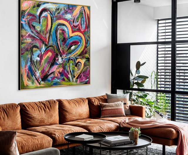 送料無料】スペイン オリジナル絵画 カラフルな抽象的なハートアート