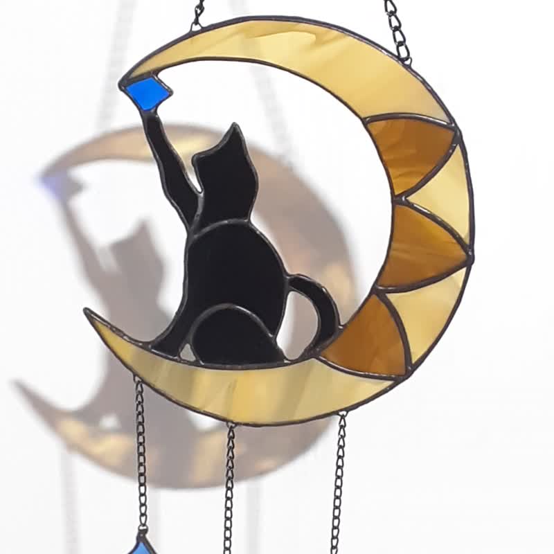送料無料 25%OFF】ロシア 月の上の黒猫のステンドグラスドリーム