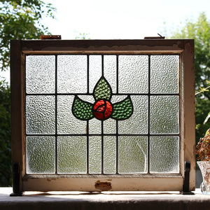 赤いバラと格子模様のステンドグラス イギリスアンティーク 57cm×48cm