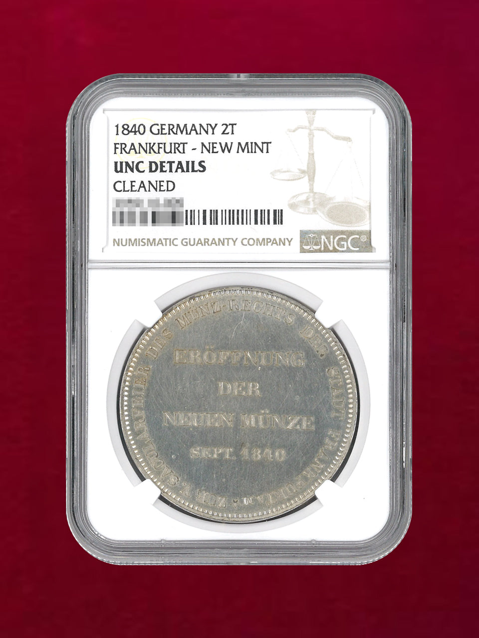 ドイツ・フランクフルト】2ターラー 銀貨 FRANKFURT-NEW MINT 1840 NGC
