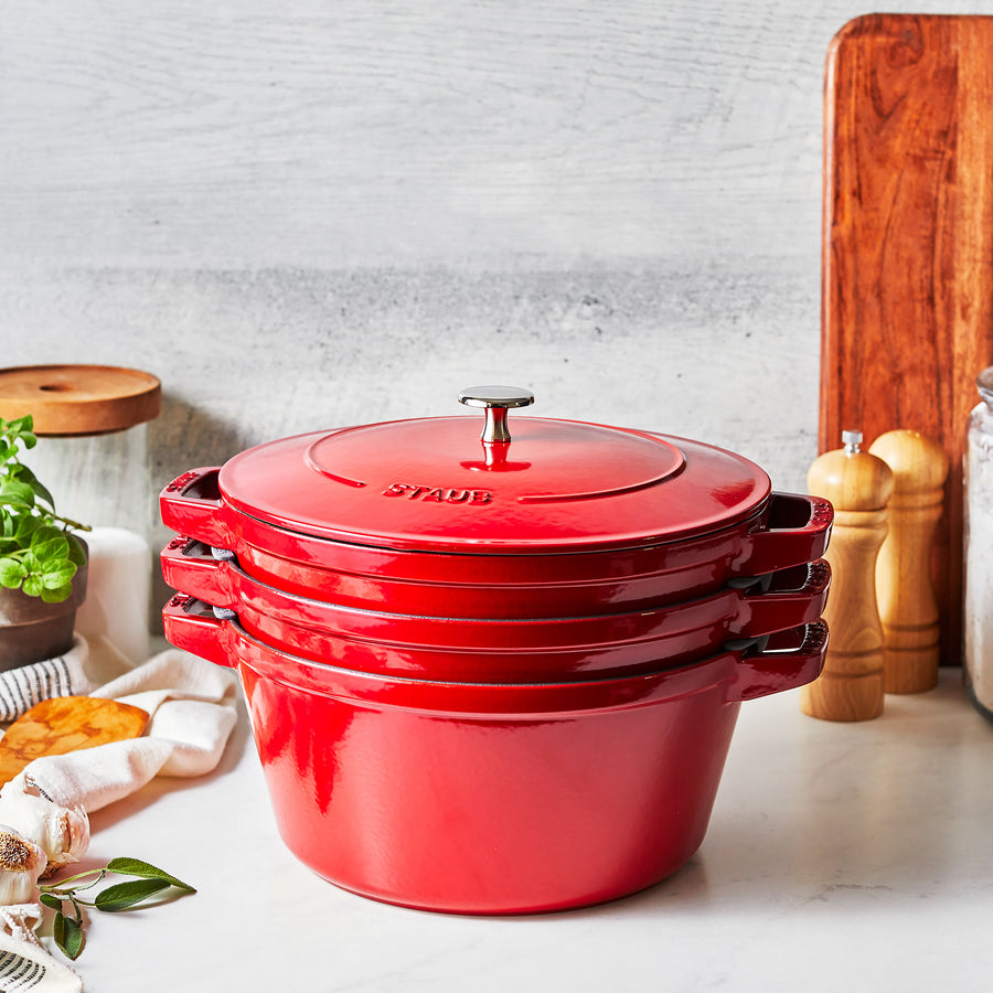 Staub Stackable Cast Iron Cookware Set - 4 Piece Cherry Red
