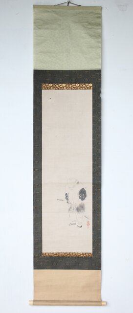 倣 松花堂昭乗 寒山拾得図 紙本軸装掛軸 Z505｜骨董店 のびる 古美術