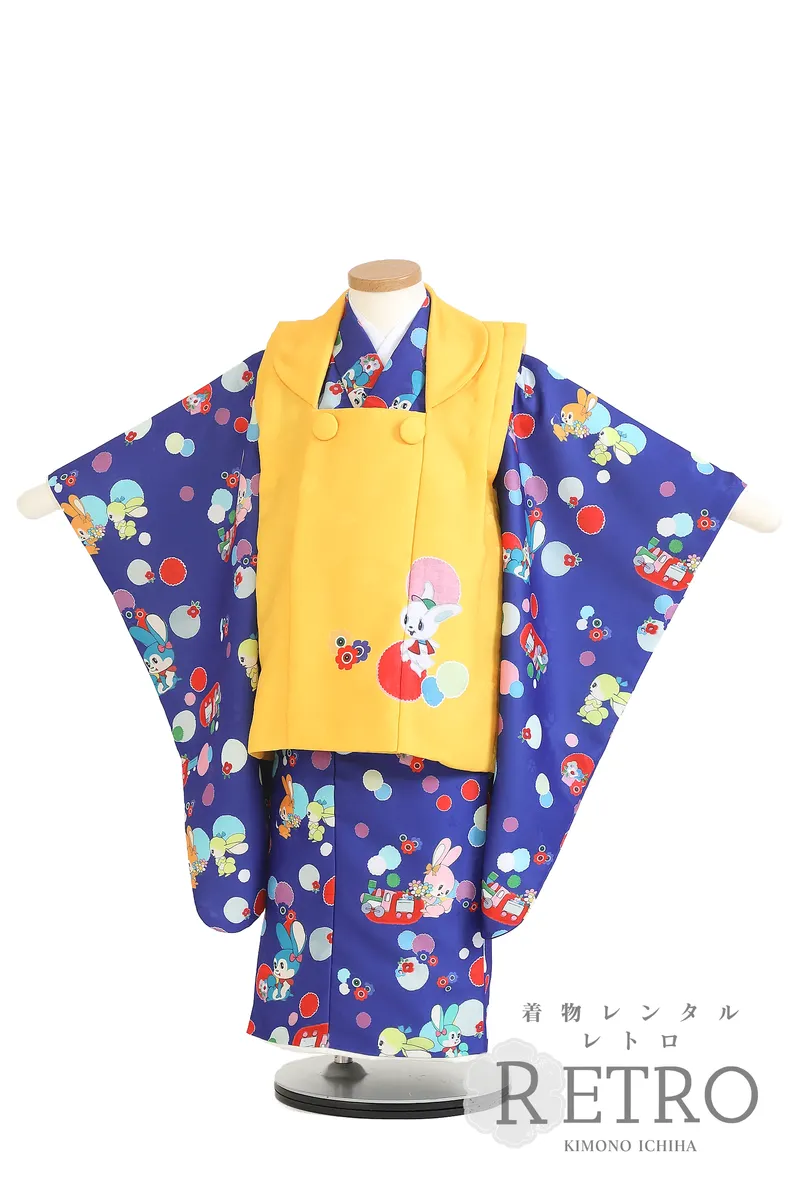 七五三レンタル着物 3歳男の子おしゃれ被布着物セット 昭和レトロ うさぎ青