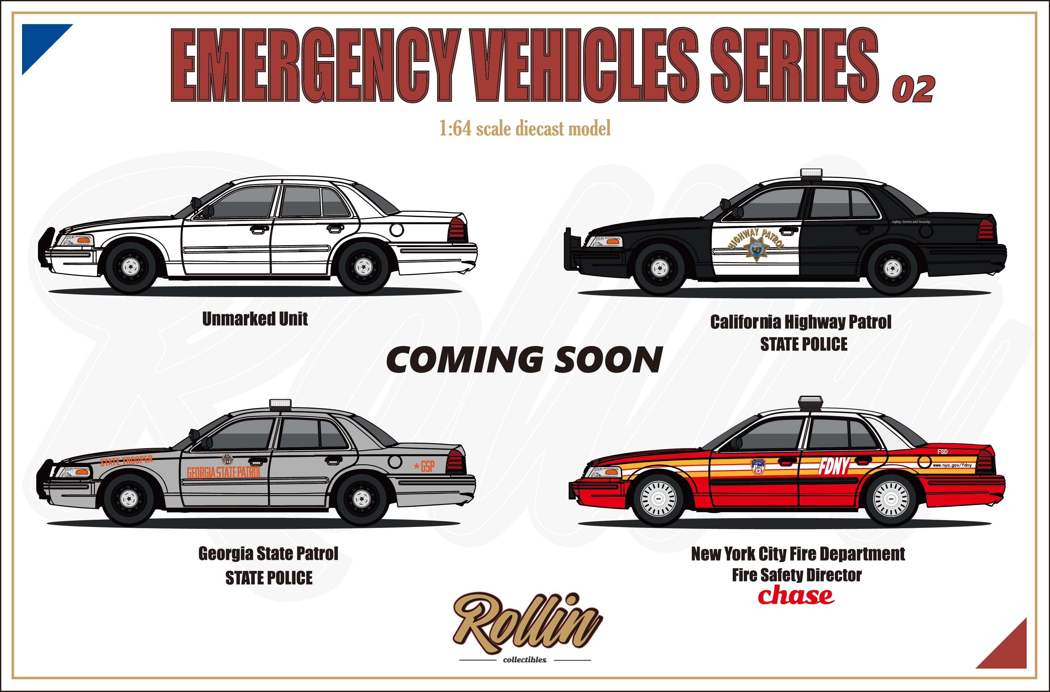 Rollin 1:64 Ford CROWN VICTORIA Emergency Vehicle Series (4 Colors