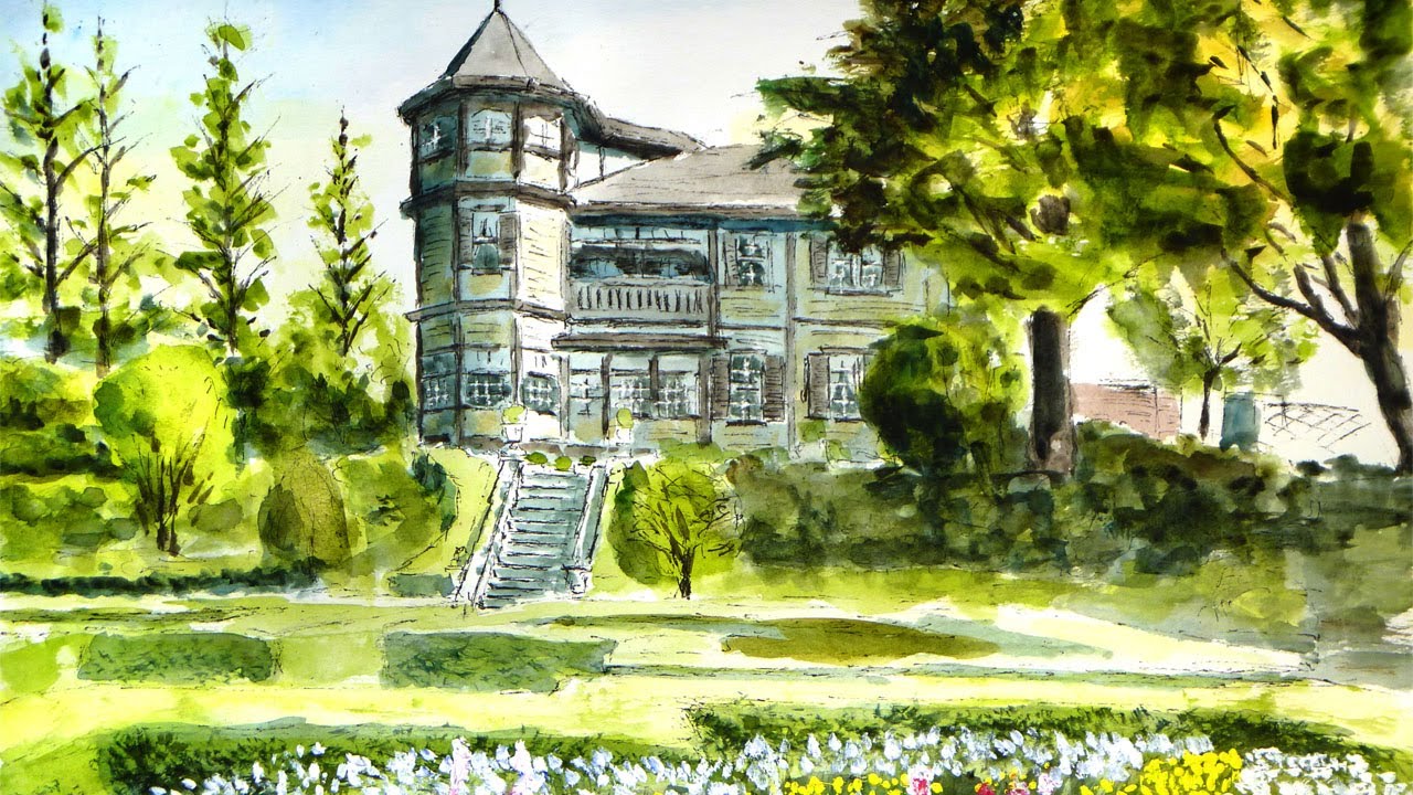 イタリア山庭園／横浜 【透明水彩風景画】 ／ Yokohama Japan