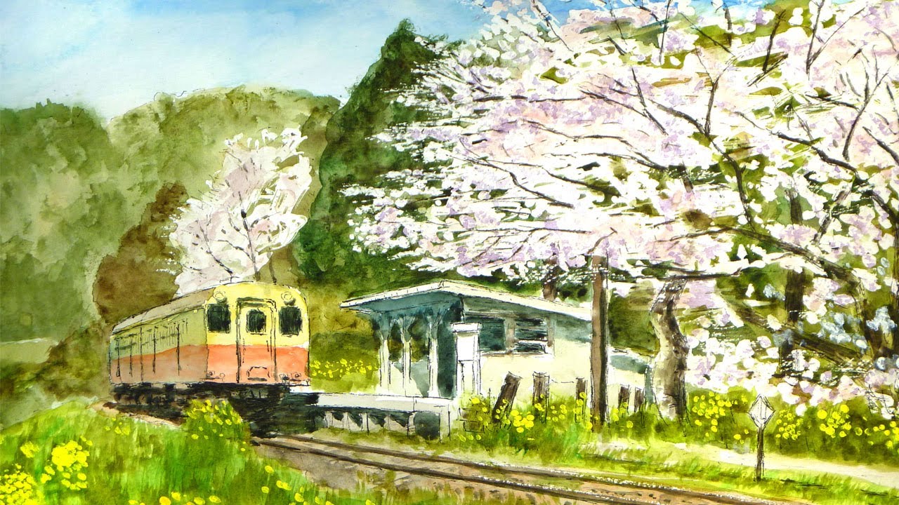 ローカル線と桜（透明水彩風景画）／ Spring and Cherry Blossoms