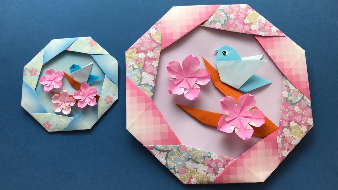 折り紙 】桜の花と小鳥のリース 折り方 Origami bird and sakura