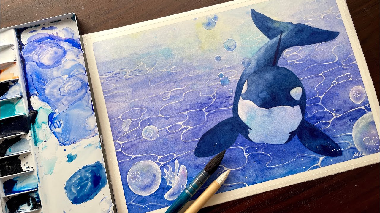 水の中のシャチとクラゲを透明水彩で描く｜メイキング｜Orca and