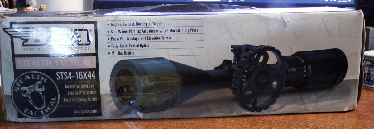 BSA Stealth Tactical 4-16x44 Scope Side Wheel Parallax Adj Mil-Dot