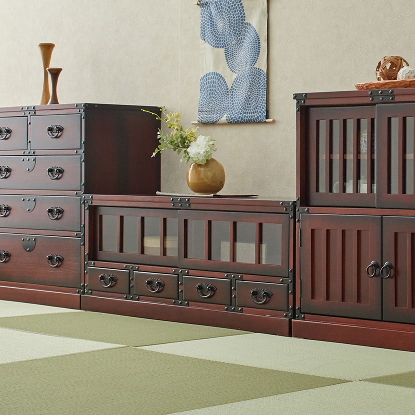 送料無料】 民芸調 ローボード テレビ台 収納棚 引き戸 引き出し 和風