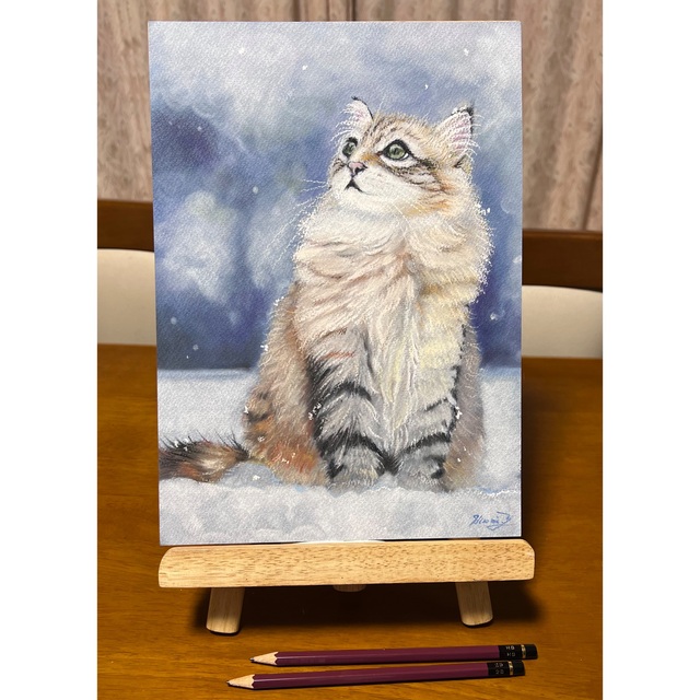☆参考「雪空を見上げる猫」ver.パステル［手描き］原画 パステル画
