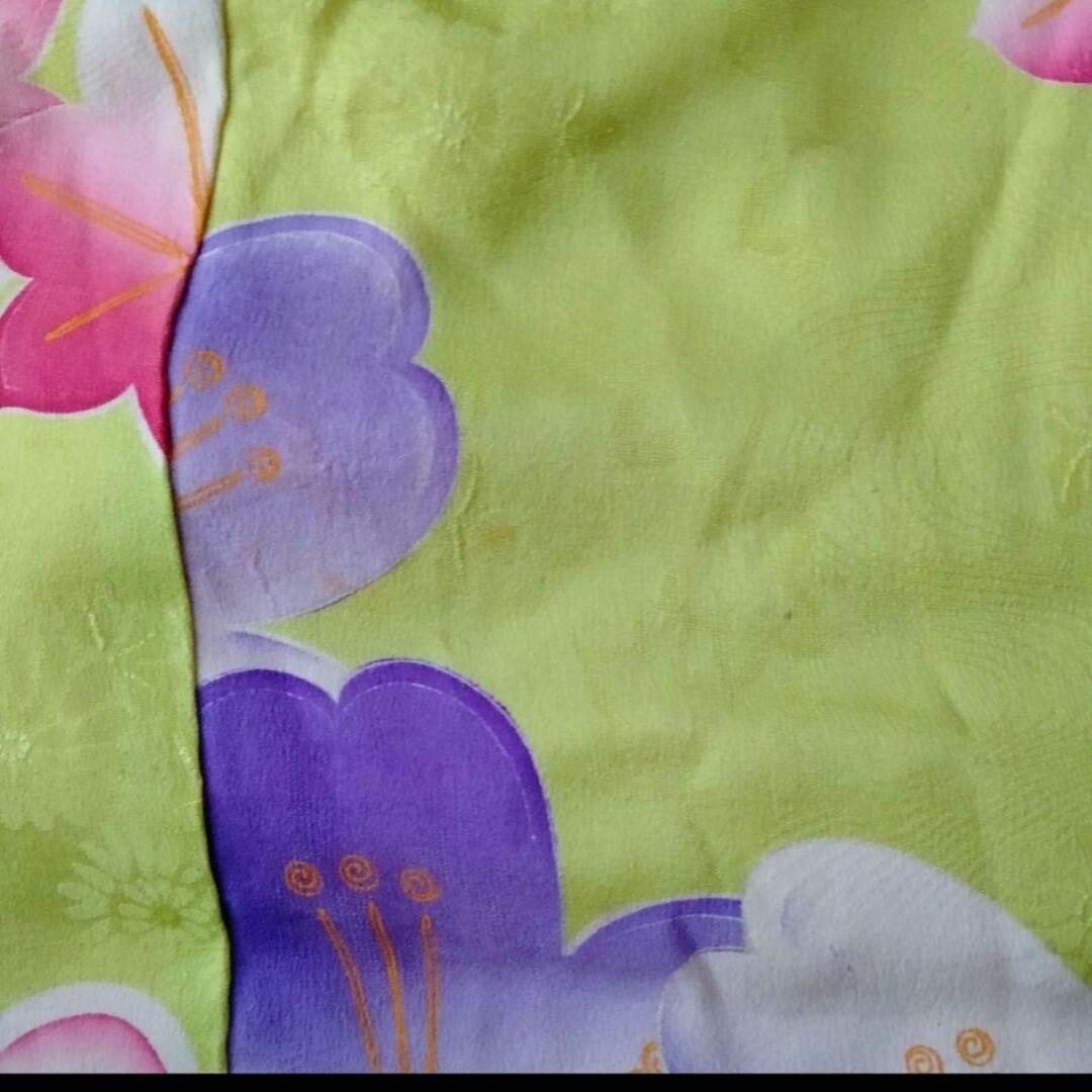 七五三 3歳 女の子 着物 アンティーク 桜模様 黄緑 錦紗 正絹 グリーン