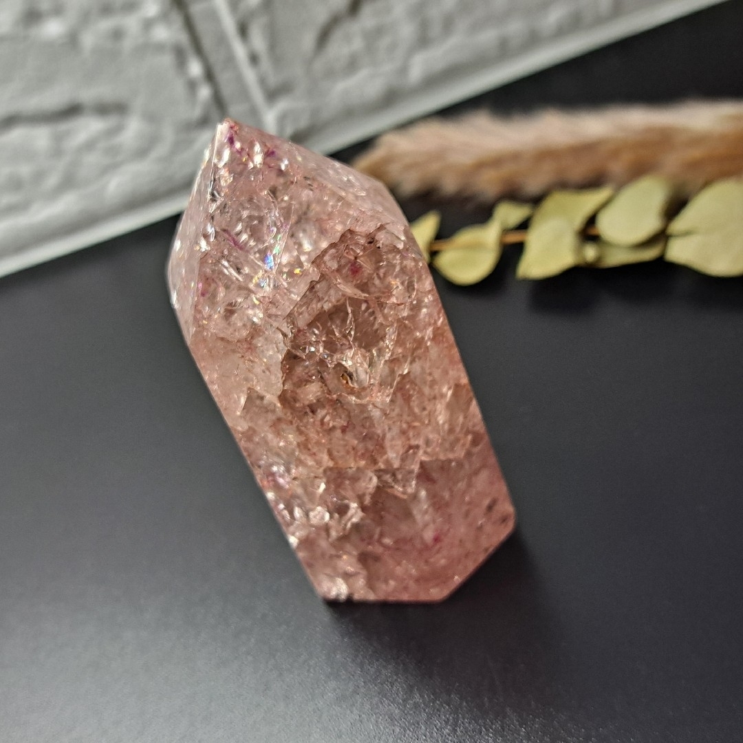 桃カラー/最強品質】クラック水晶ポイント＊約195g＊天然石 パワーストーン