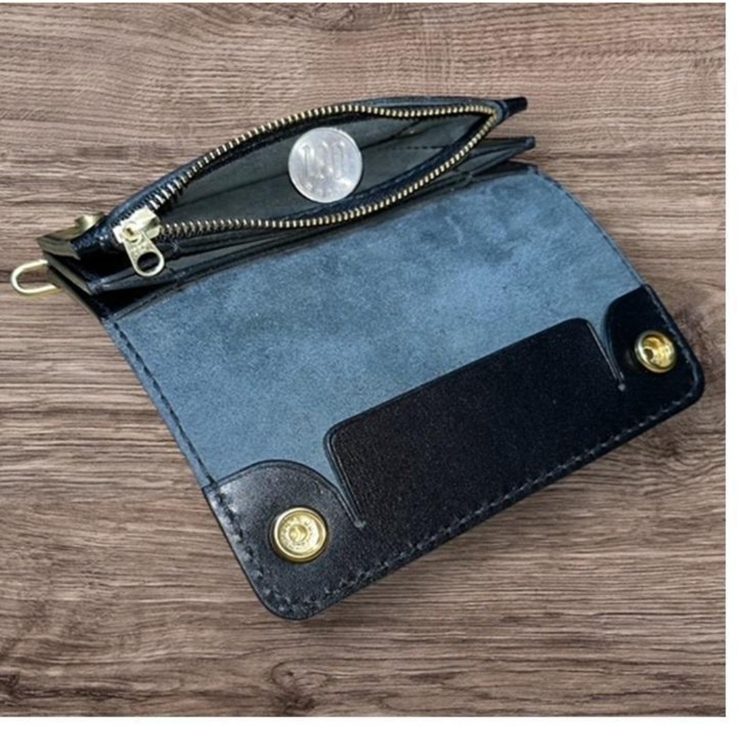 ミドルサイズ トラッカーウォレット 黒×ネイビー バラのカービング 86