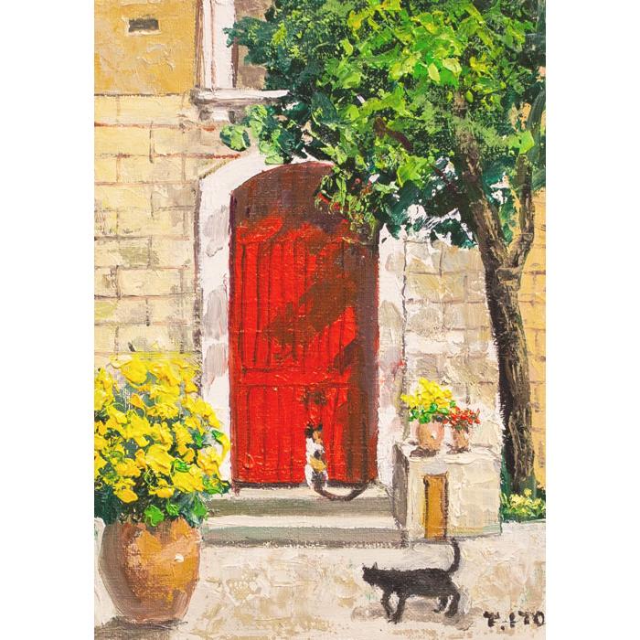 伊東拓実 「 赤い扉と二匹の猫 」 油絵 ・ 油彩画 SM ( サムホール