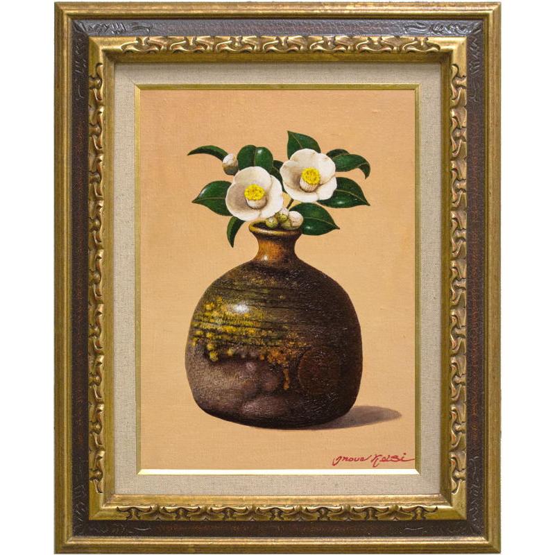 井上圭史 「 備前焼に椿 」 油絵 油彩画 F4 ( 4号 ) 絵画 洋画 肉筆