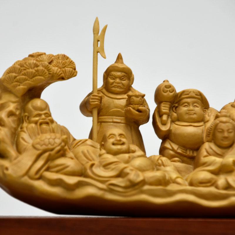 開運招福 木彫り 仏像 柘植一本彫【七福神】 幅約15cm 「七福神