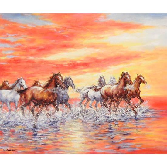 絵画 油絵 駆ける F30号 （鈴木満雄） 【肉筆】【油絵】【静物・動物画