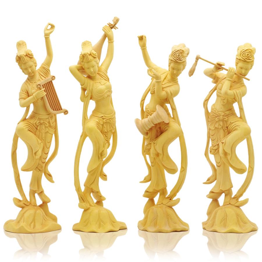飛天四音美女 木彫り 女性像 置物 柘植 幸運 開運 風水 インテリア 4点