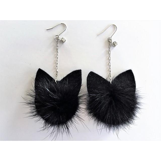送料無料 黒猫 ミンク ファー ピアス/. シルバー /ゴールド ねこ 猫