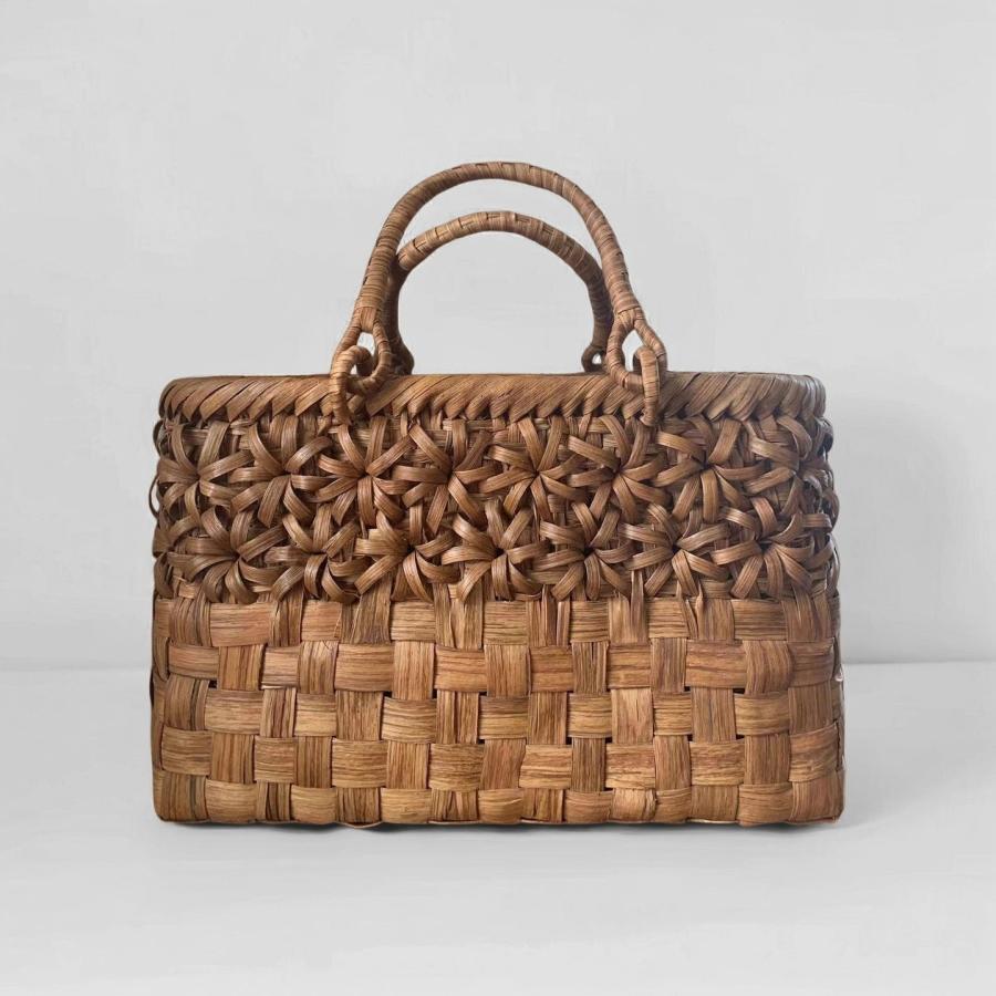 山葡萄 手作り カゴバッグ 内布付き 市松編み、立体花編み : 星凌商店