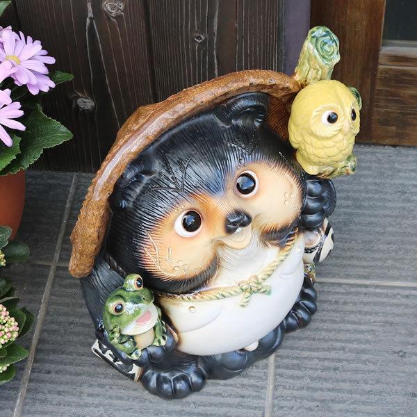 信楽焼 13号黄ふくろう蛙持ち狸 たぬき タヌキ 開運 縁起物 可愛い