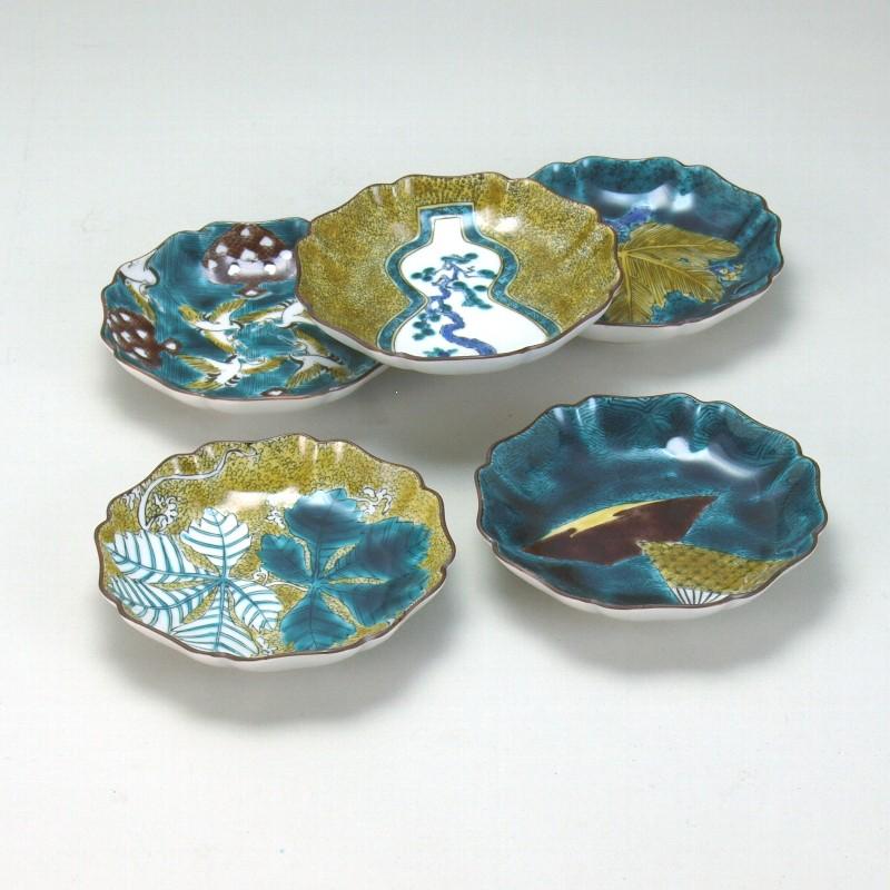九谷焼 日本の伝統工芸品【九谷焼】4号皿揃 古九谷写し絵変わり N149