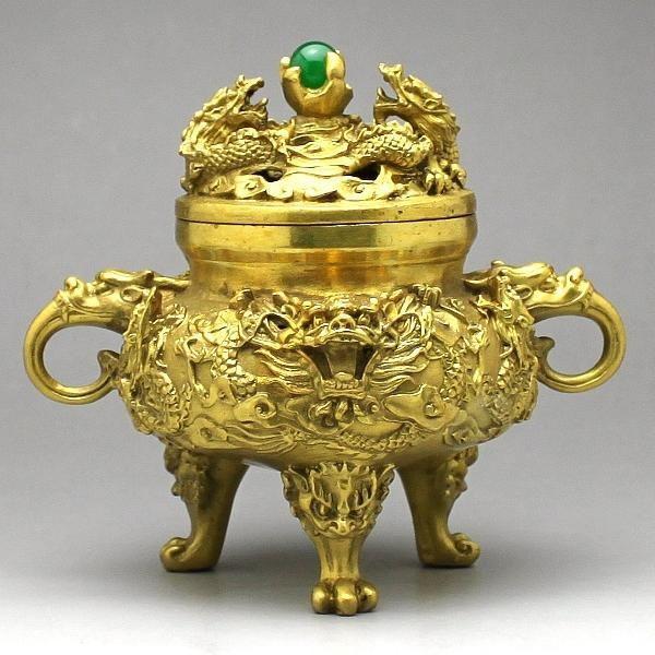 銅器 竜龍紋香炉 風水グッズ 小物 装飾品 彫刻 工芸品 古美術品 置物