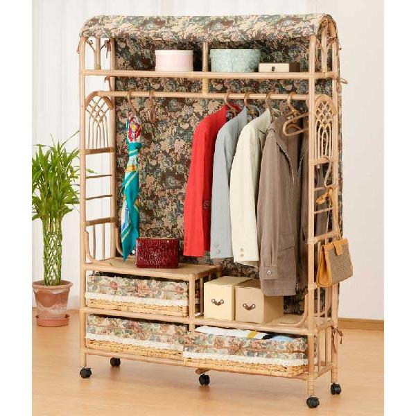 アジアン家具 籐 ラタンハンガーラック 上棚付ワイドラック 巾120cm