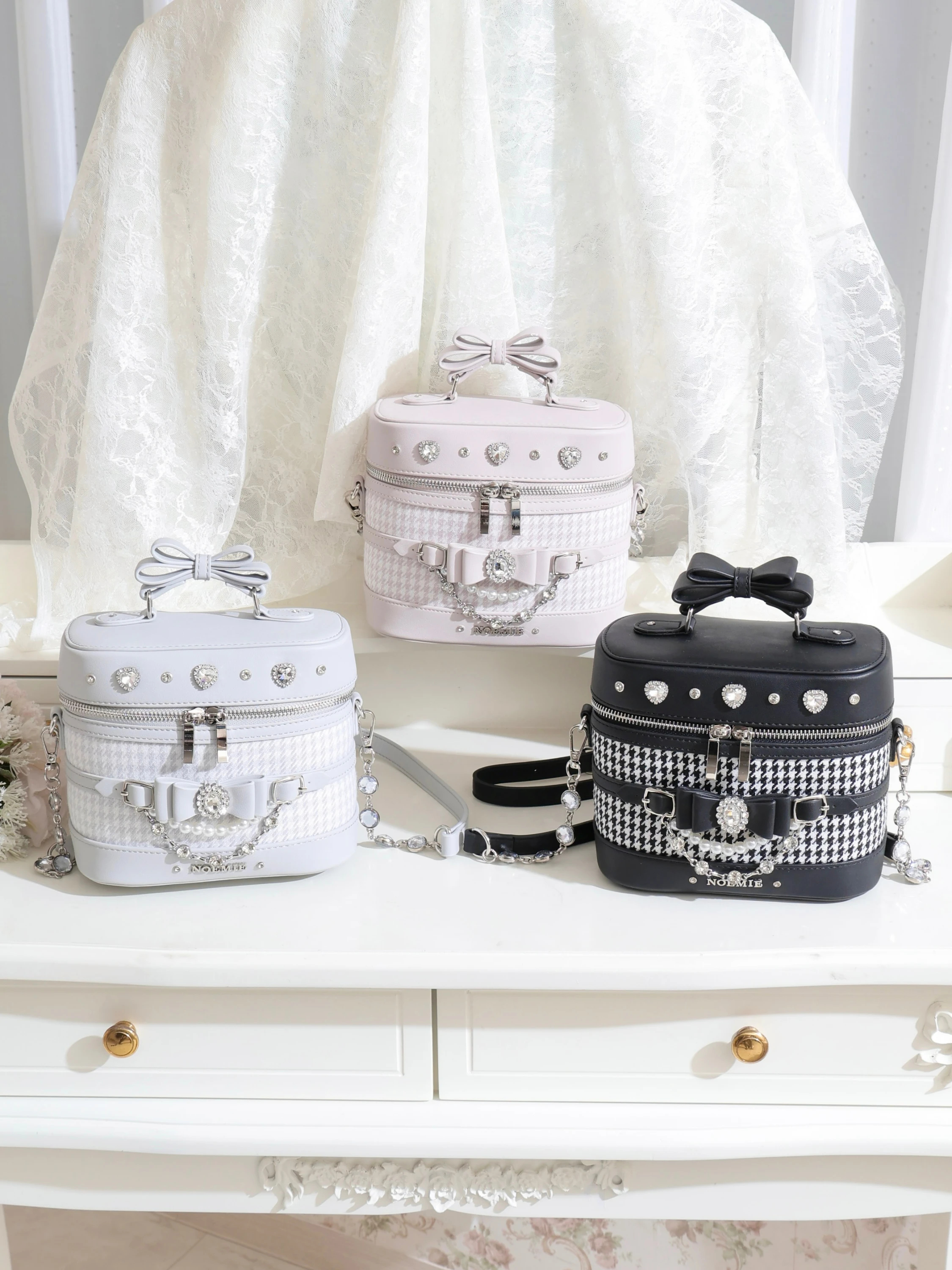 千鳥柄リボンビジューバニティバッグ（ショルダーバッグ｜ピンク