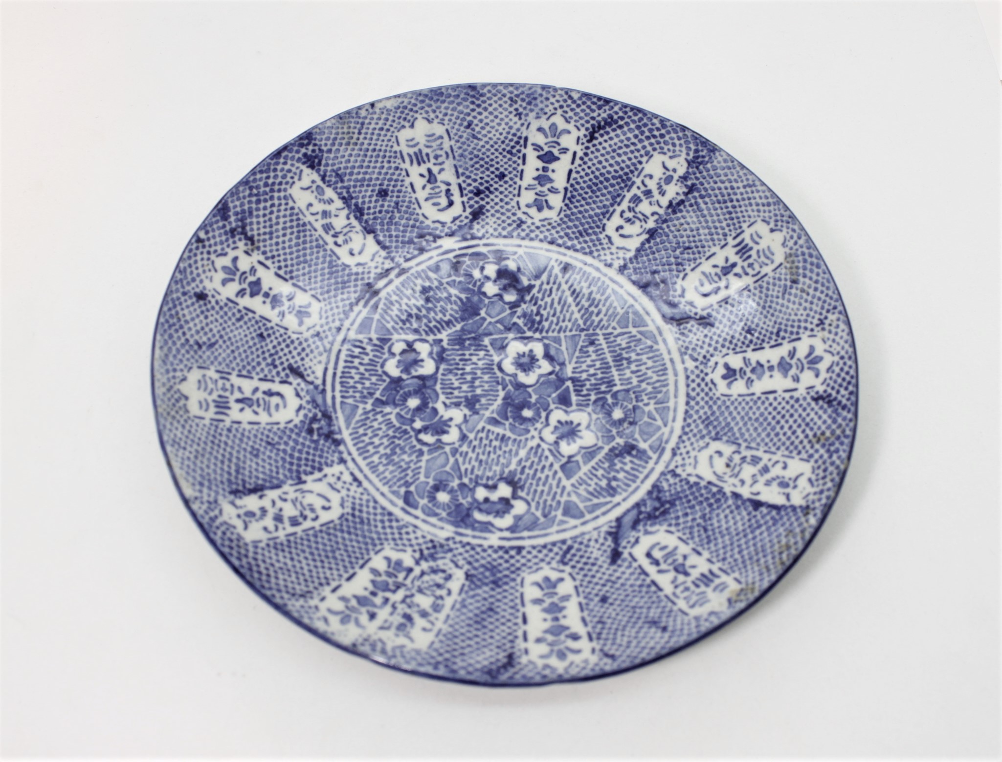 染付印判7寸皿 明治 梅福寿/Dish plate/Plum&fortunate/19c./japan