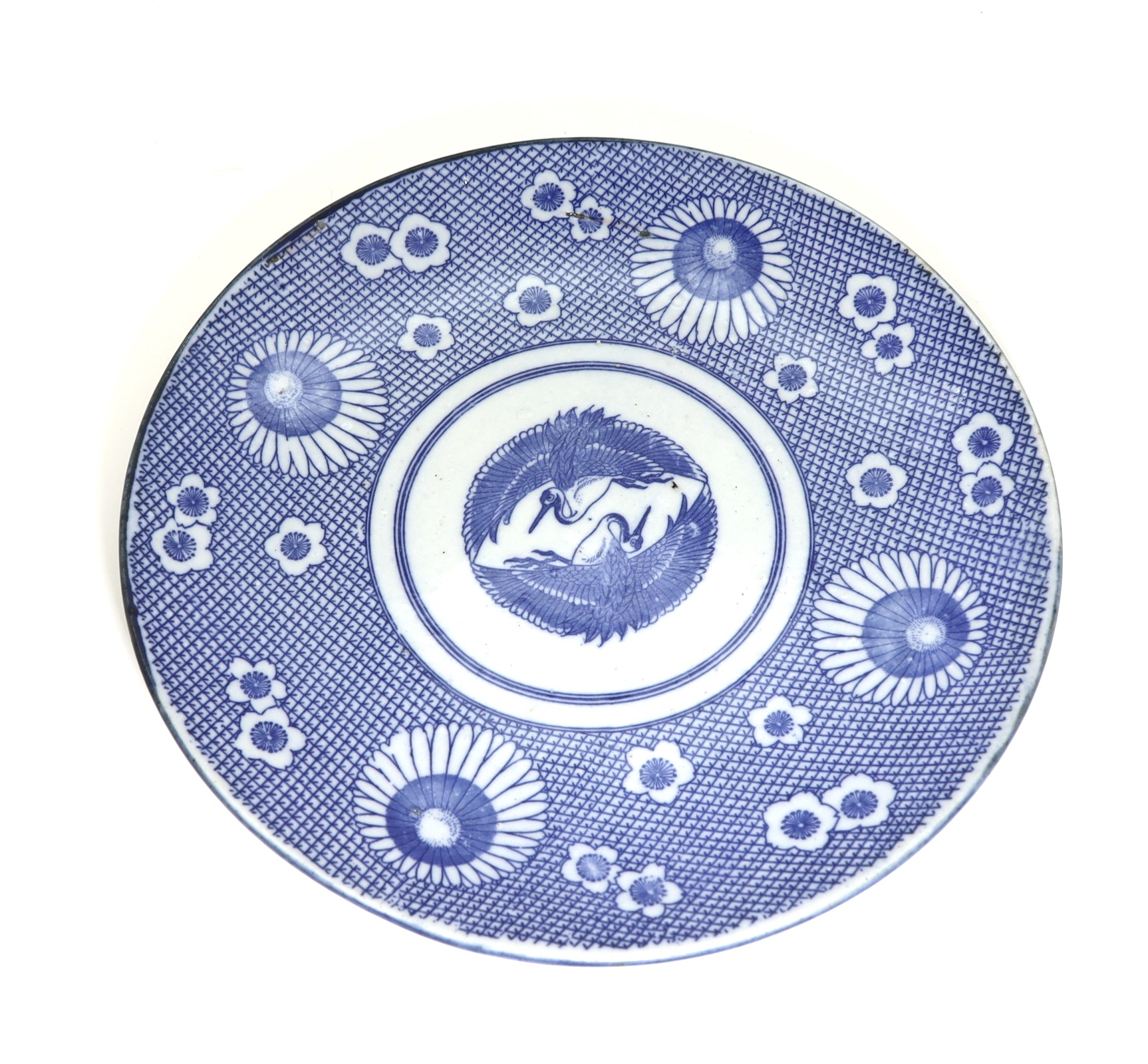 大正 染付8寸平皿 花鶴/24cm Plate/Flower & crane/1910~20's/japan