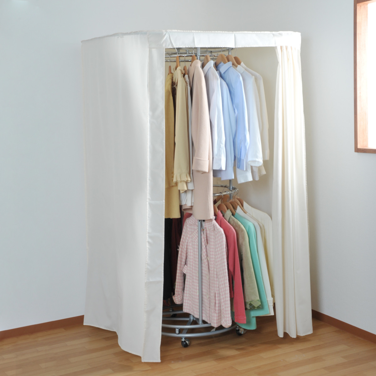 回転ハンガーラック 幅115cm 2段 スチール製 カバー付き （ スチール