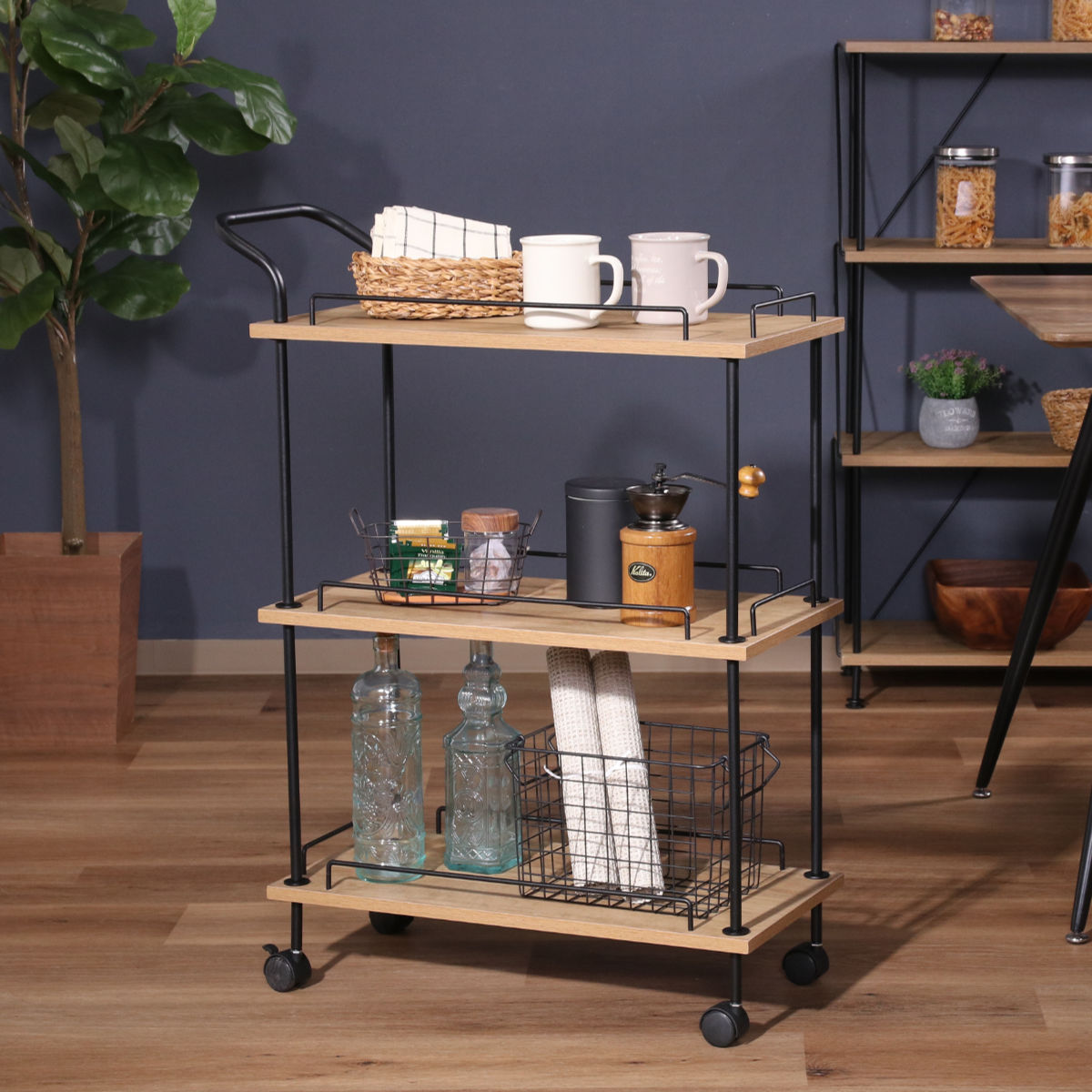 EZBO キッチンワゴン 3段 工具不要 （ ワゴン 棚 キッチン 収納 木目調