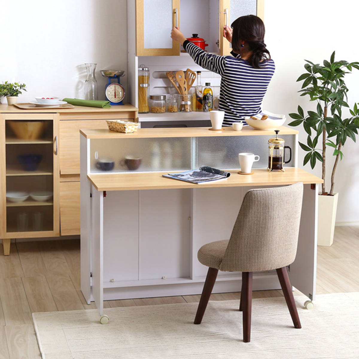 キッチンカウンター 幅120cm 片バタテーブル 間仕切り ガラス戸棚付