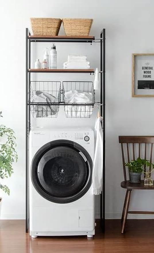 Amazon｜伸縮 ランドリーラック ワイヤー バスケット付 棚 洗濯機